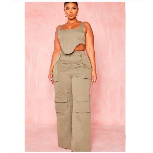 PrettyLittleThing Tops - PLT Olive Green Structured Dip Hem Cargo Crop Corset Bustier Sz 14 Y2K Utility